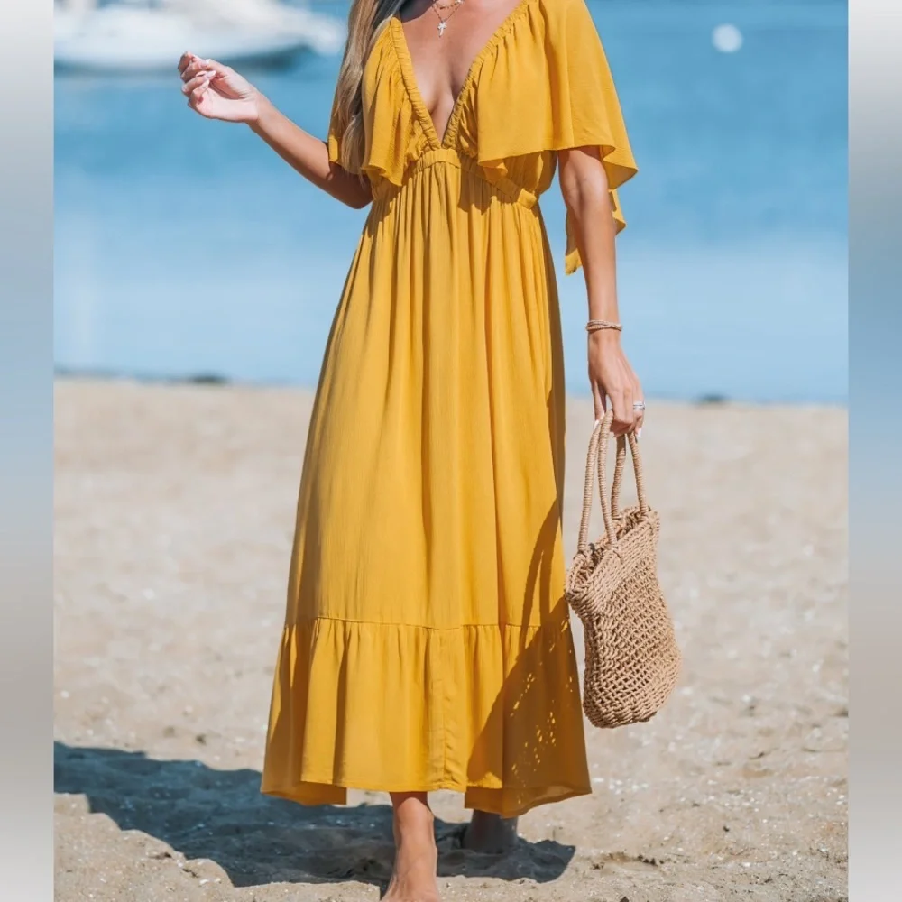 Sunflower Yellow Plunging Butterfly Sleeve Maxi Dress BOHO - Picture 5 of 12